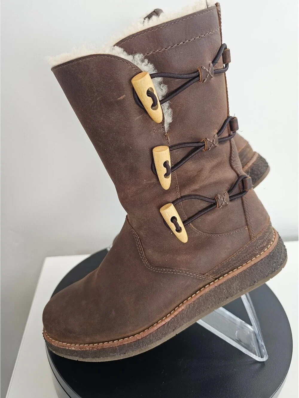 UGG Vintage Brown Leather Shearling Lined Boots with Toggles